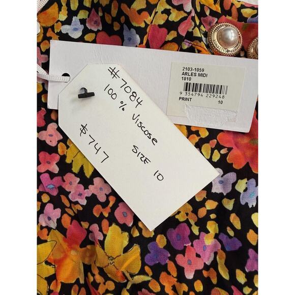 Rebecca Vallance Dress Womens 10 Black Multi Arles Midi Floral Pearl Buttons - Picture 4 of 12